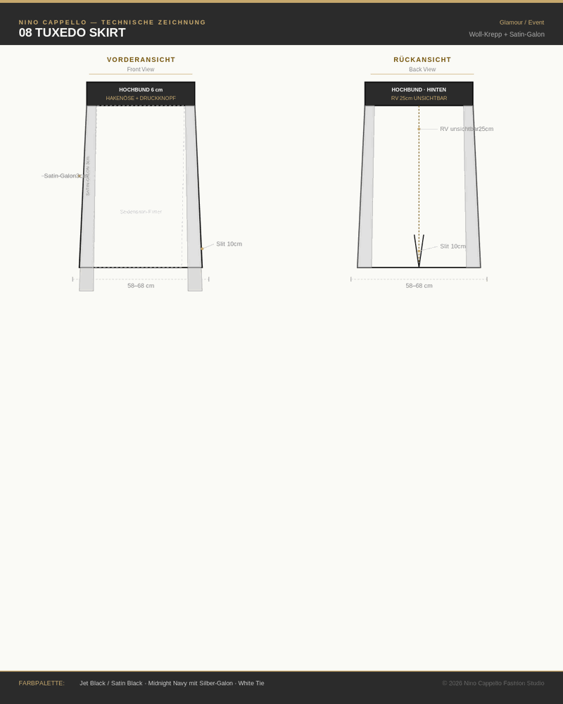 Technische Zeichnung Torino Tuxedo Skirt – Vorder- und Rückansicht