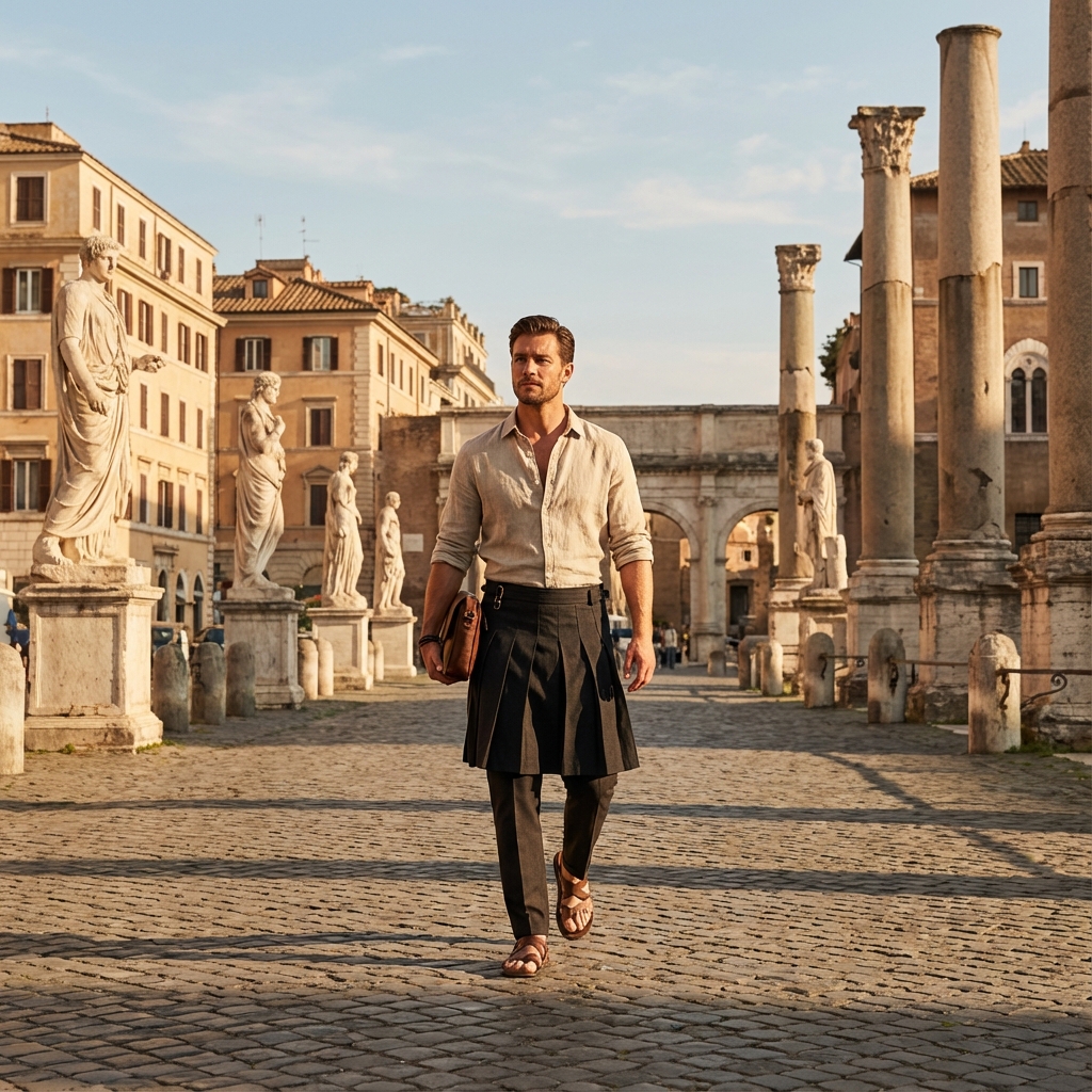 Man wearing Italian luxury skirt – Roman Plaza, Nino Cappello