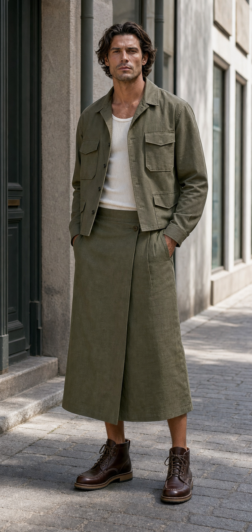 Kopenhagen-Look mit Rock in trockenem Olive, kurzem Overshirt mit Taschen, feinem Rib-Tank und poliertem Moc-Toe-Boot.