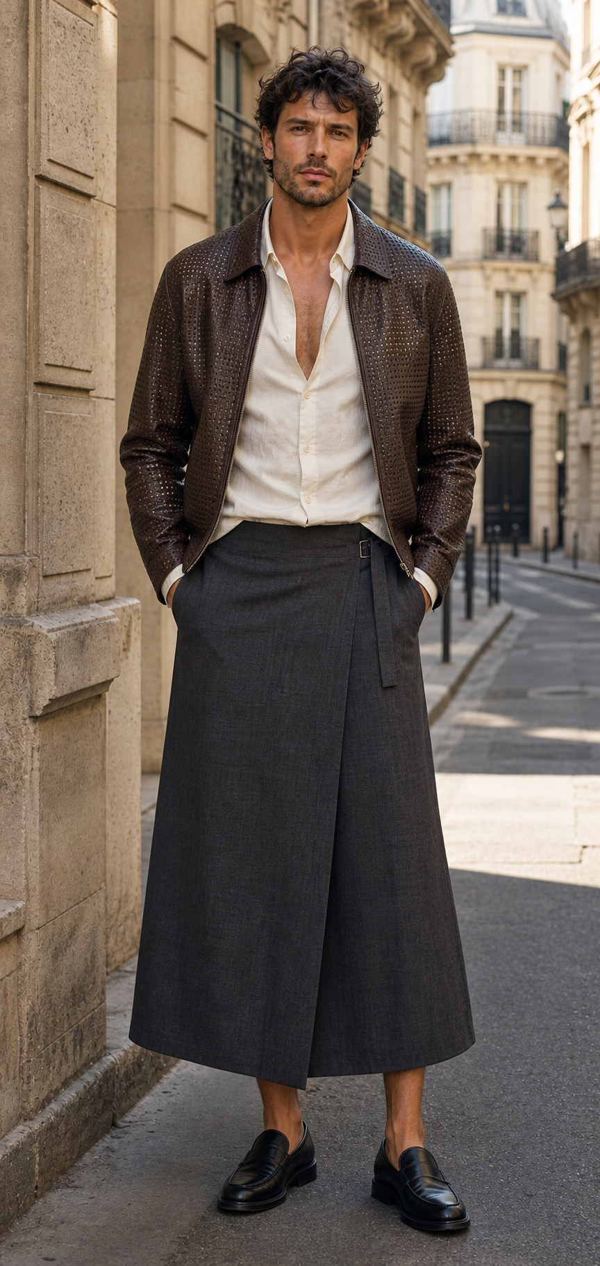 Paris-Look mit langem Rock aus kühler Woll-Leinen-Mischung, offenem Hemd in Elfenbein, perforierter Lederjacke in Espresso und schwarzen Loafern.