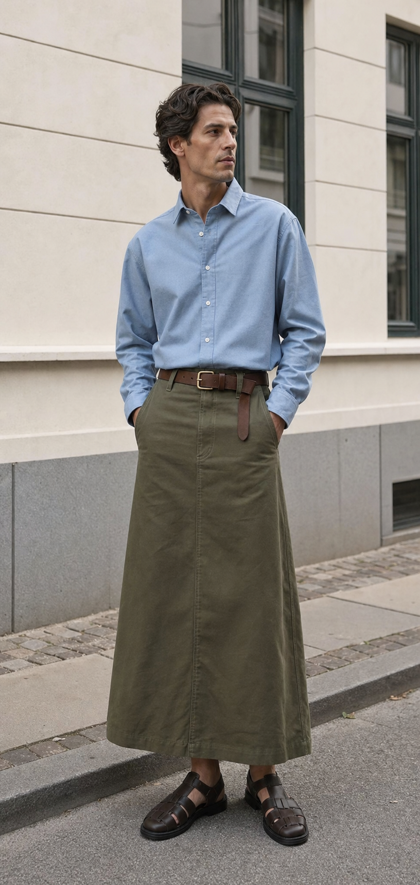 Editorialer Styling-Vorschlag aus Kopenhagen mit olivfarbenem Rock, hellblauem Popeline-Hemd und kurzer technischer Jacke.