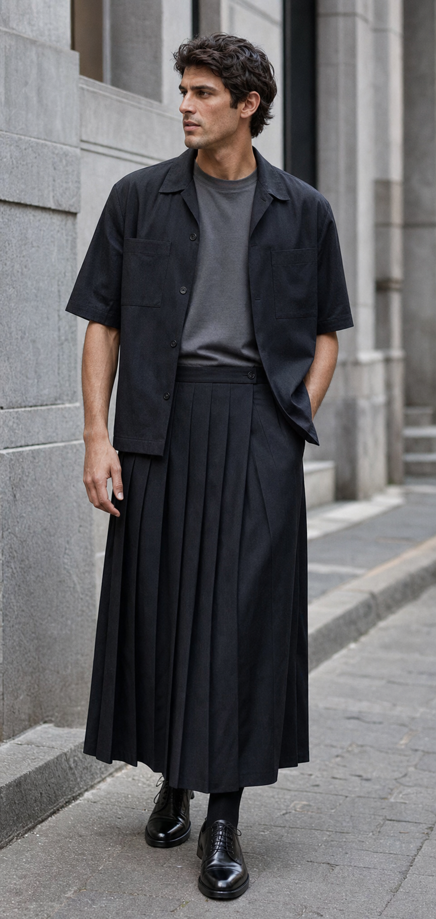 Editorialer Styling-Vorschlag aus Mailand mit schwarzem Wrap-Rock, hellem Utility-Hemd und polierten Derby-Schuhen.