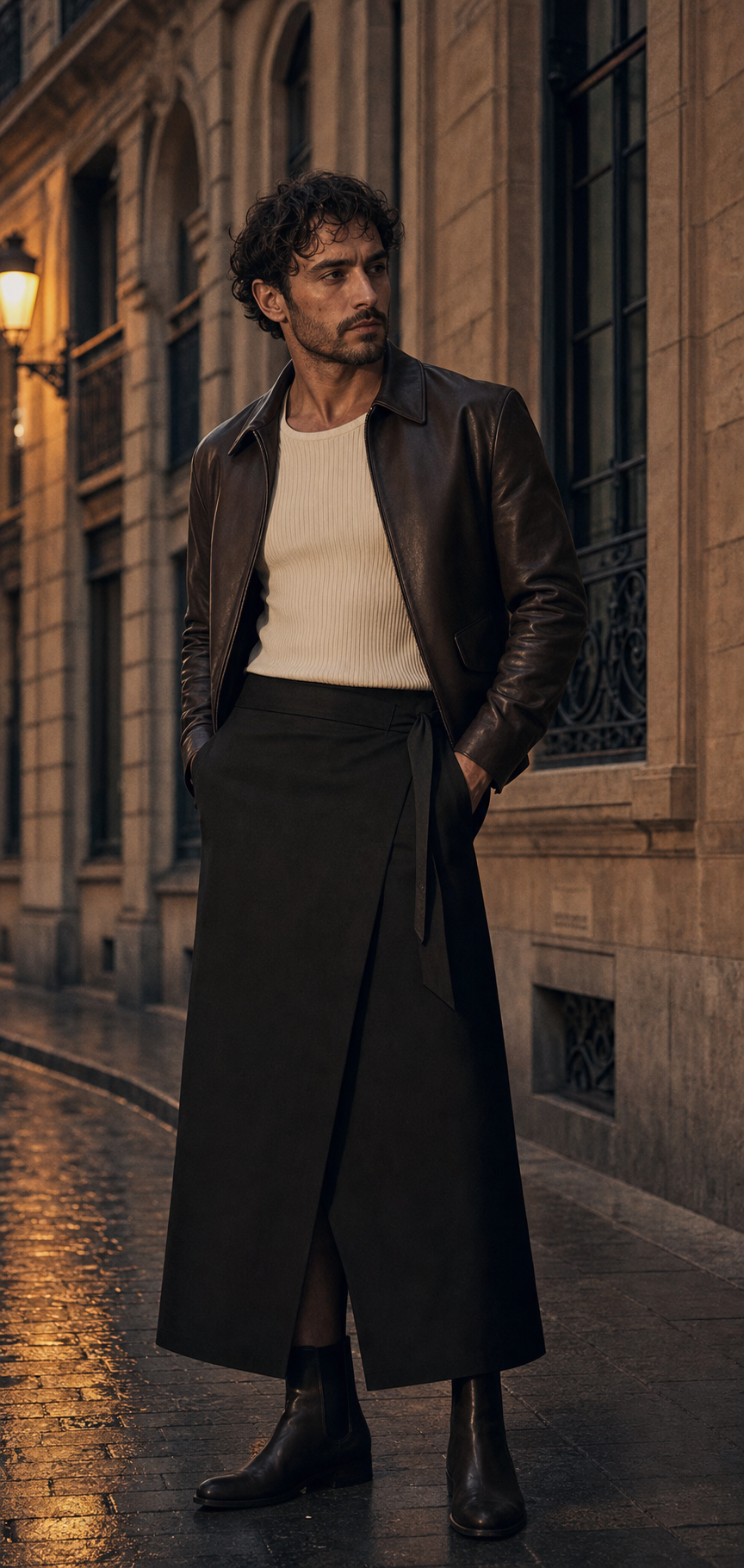 Editorialer Styling-Vorschlag aus Paris mit anthrazitfarbenem Pleat-Rock, schwarzem Hemd und kompakter Lederjacke.