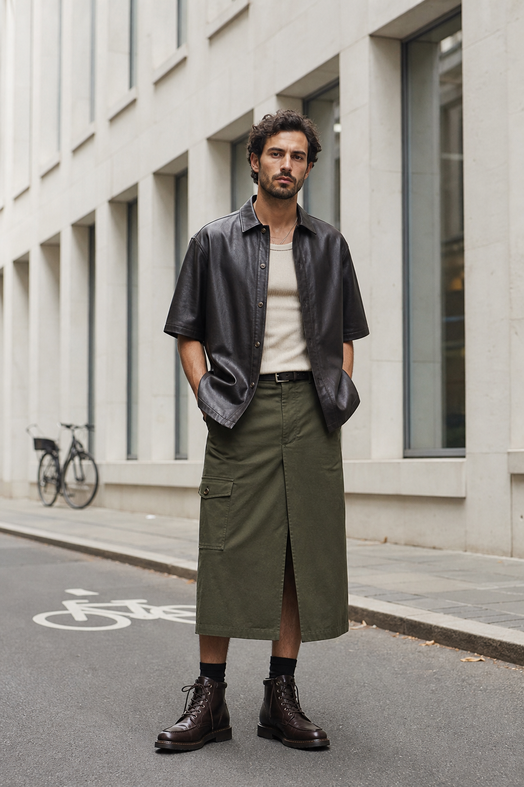 Foto editoriale professionale di una gonna oliva con overshirt corta in pelle, rib tank e moc-toe boots lucidati.