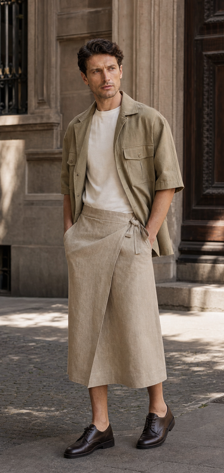 Foto editoriale professionale di una wrap skirt in lino sabbia con safari jacket corta color khaki e derby marrone scuro.
