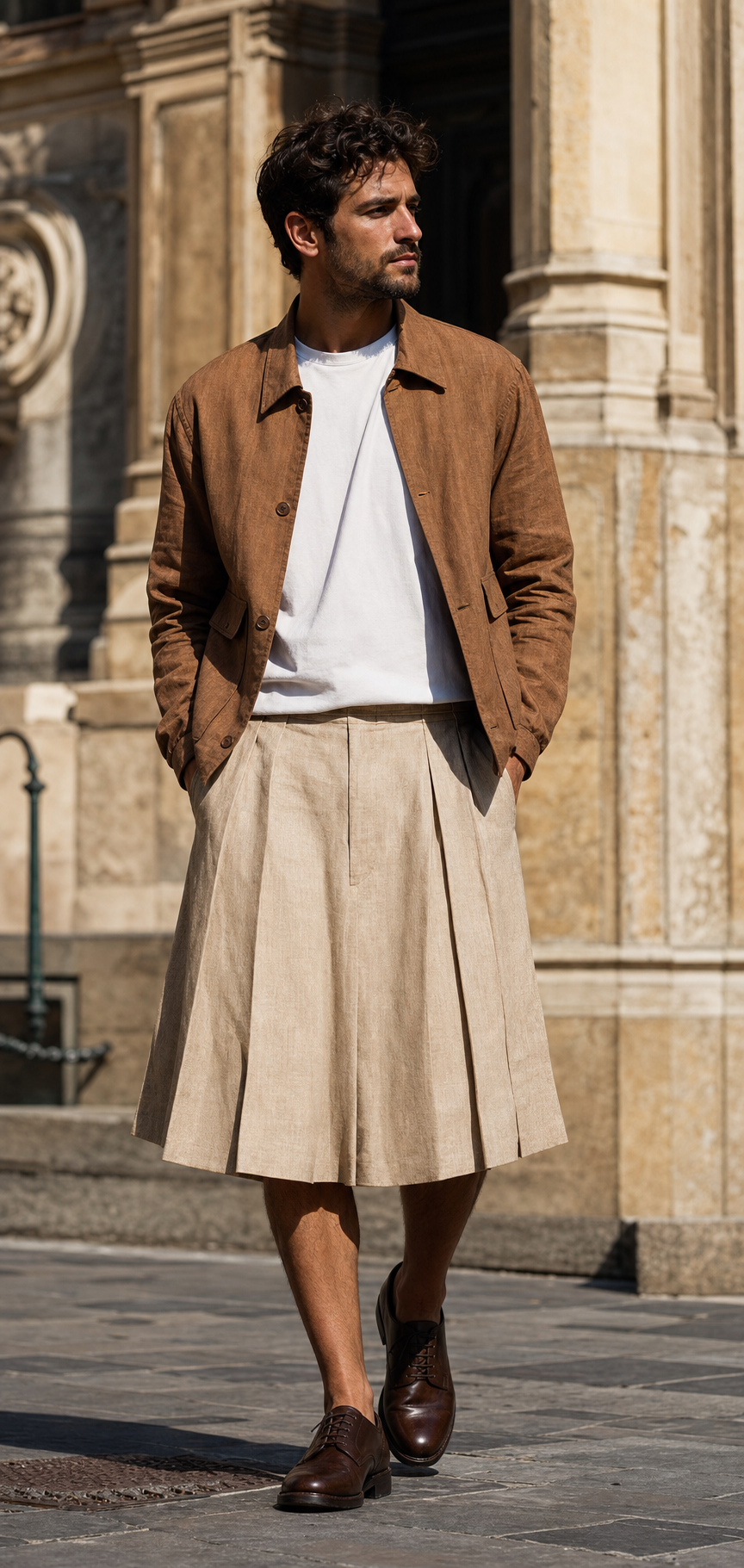 Foto editoriale di una gonna sabbia con piega, blouson in lino tabacco, T-shirt bianca e derby testa di moro a Firenze.
