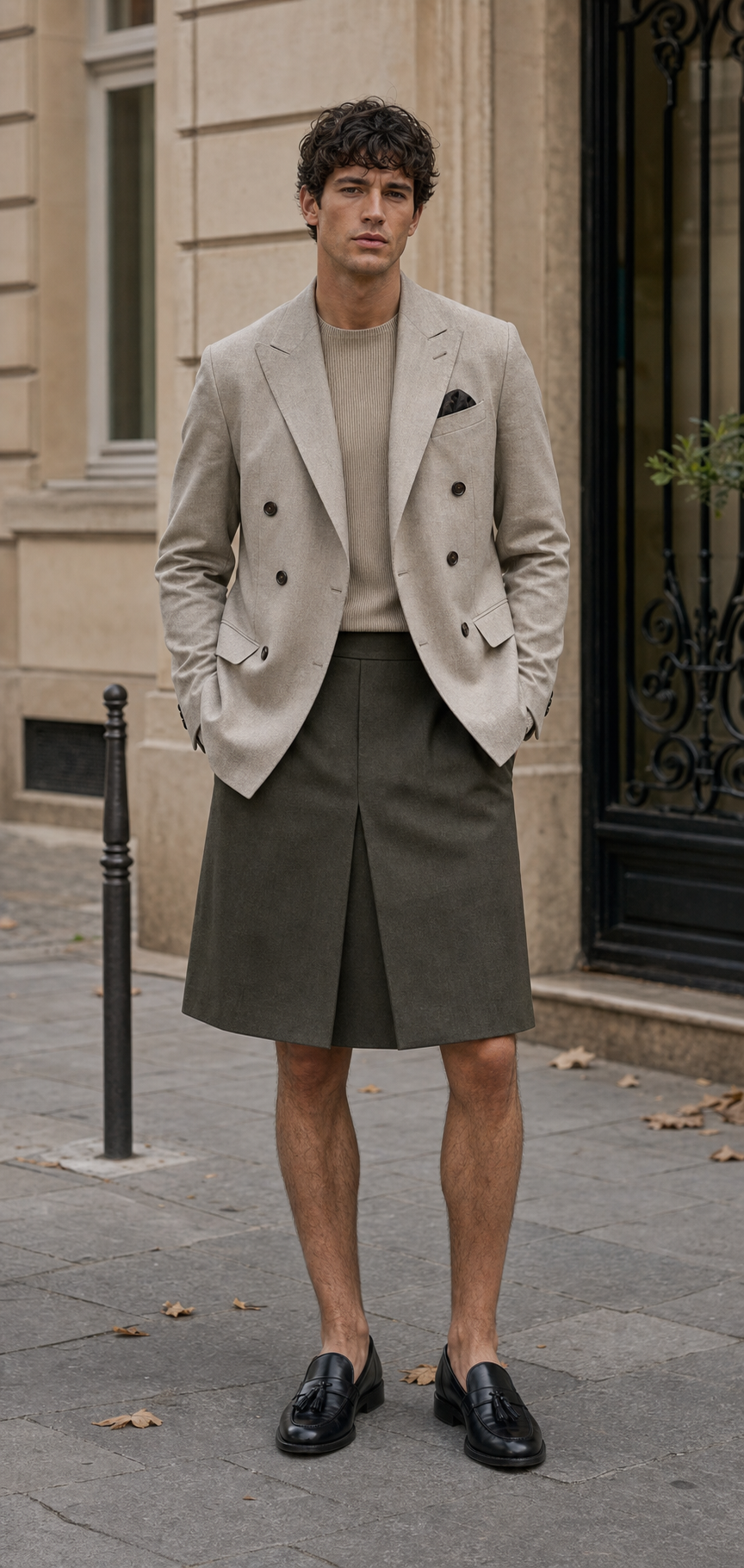 Foto editoriale di una gonna verde oliva in lana fresca con giacca doppiopetto color pietra e tassel loafer neri a Parigi.