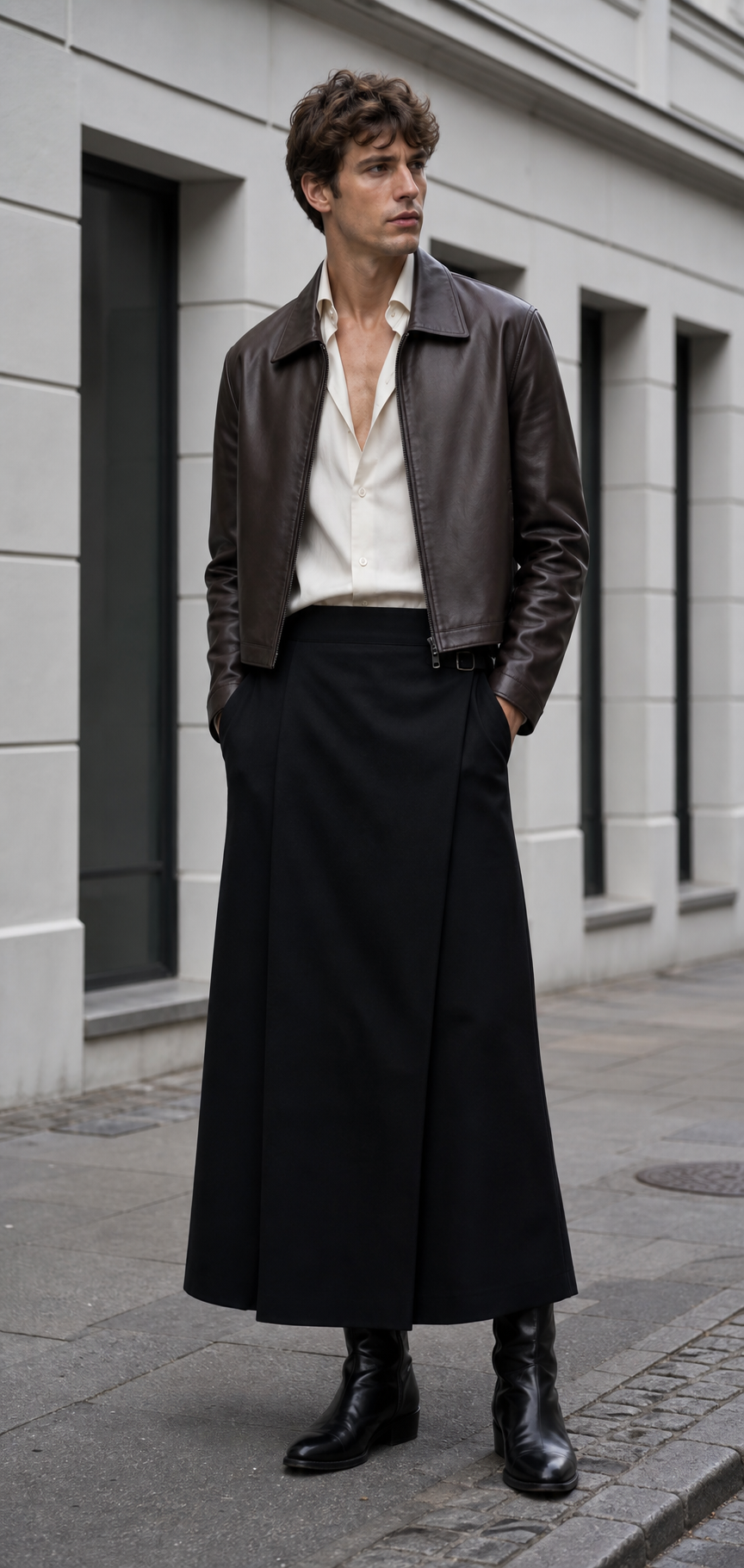 Professionelles Editorial-Foto eines langen schwarzen Herrenrocks mit kurzer Espresso-Lederjacke, offenem Ecru-Hemd und schlanken schwarzen Schuhen in Kopenhagen.