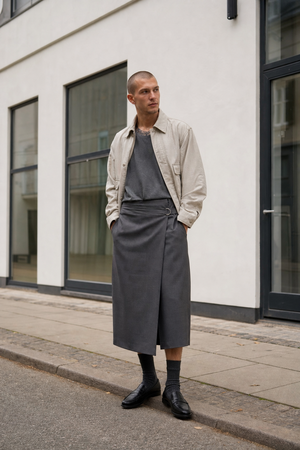 Foto editoriale di una wrap midi grafite da uomo con T-shirt grigia pesante, utility jacket chiara, calze scure e loafers a Copenaghen.