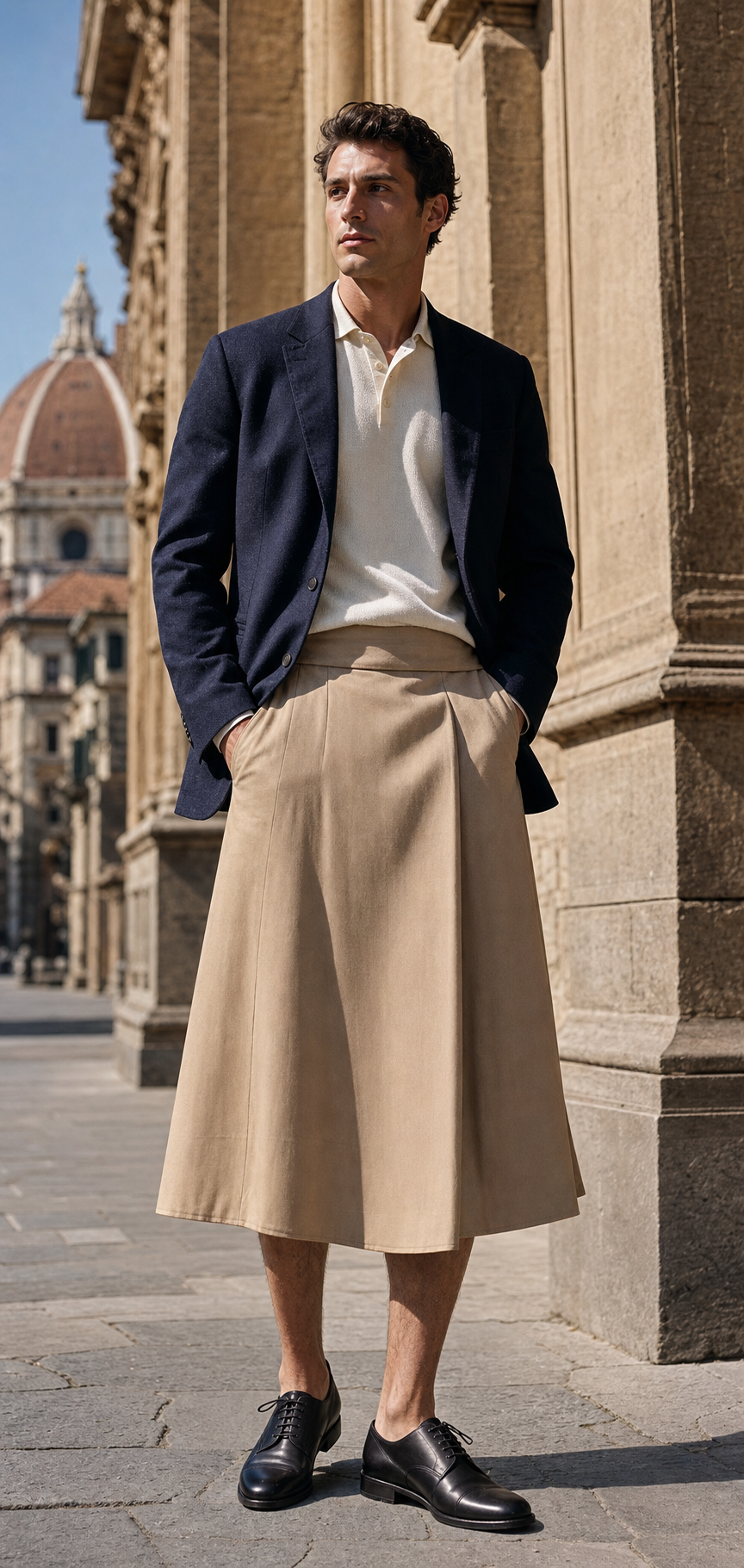 Foto editoriale di una gonna midi sabbia da uomo con polo in maglia écru, giacca navy sfoderata e derby sottili a Firenze.