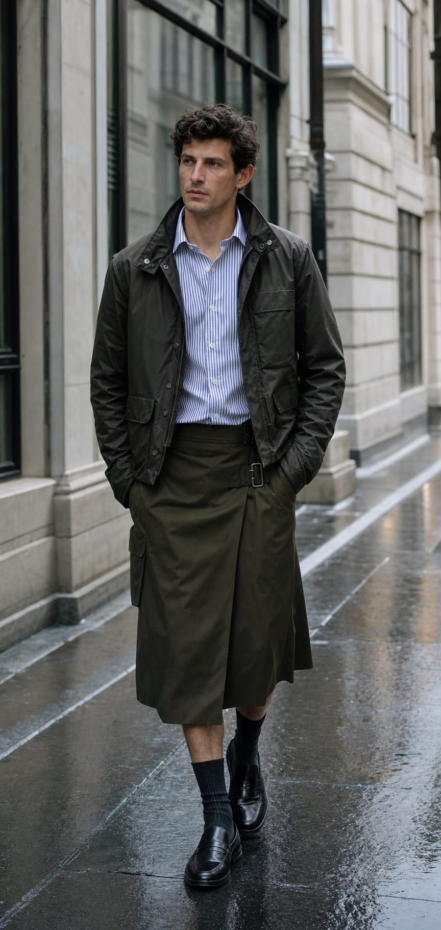 Foto editoriale di una gonna da uomo oliva scuro con dettaglio wrap, Oxford a righe, blouson da pioggia corto, calze scure e loafer su una strada bagnata a Copenaghen.
