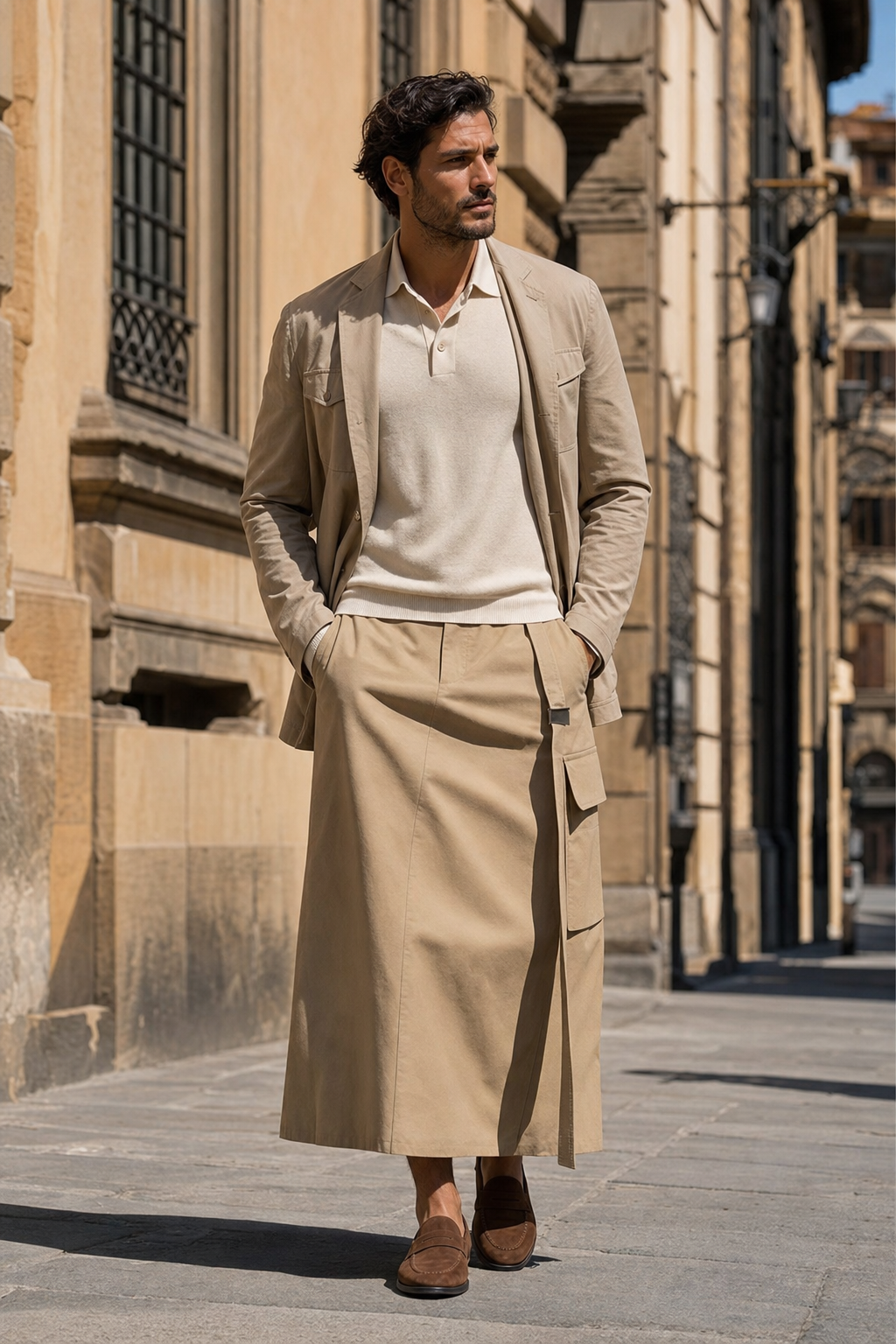 Foto editoriale di una gonna lunga sabbia da uomo con polo knit ecru, safari blazer sfoderato e loafer tabacco a Firenze.