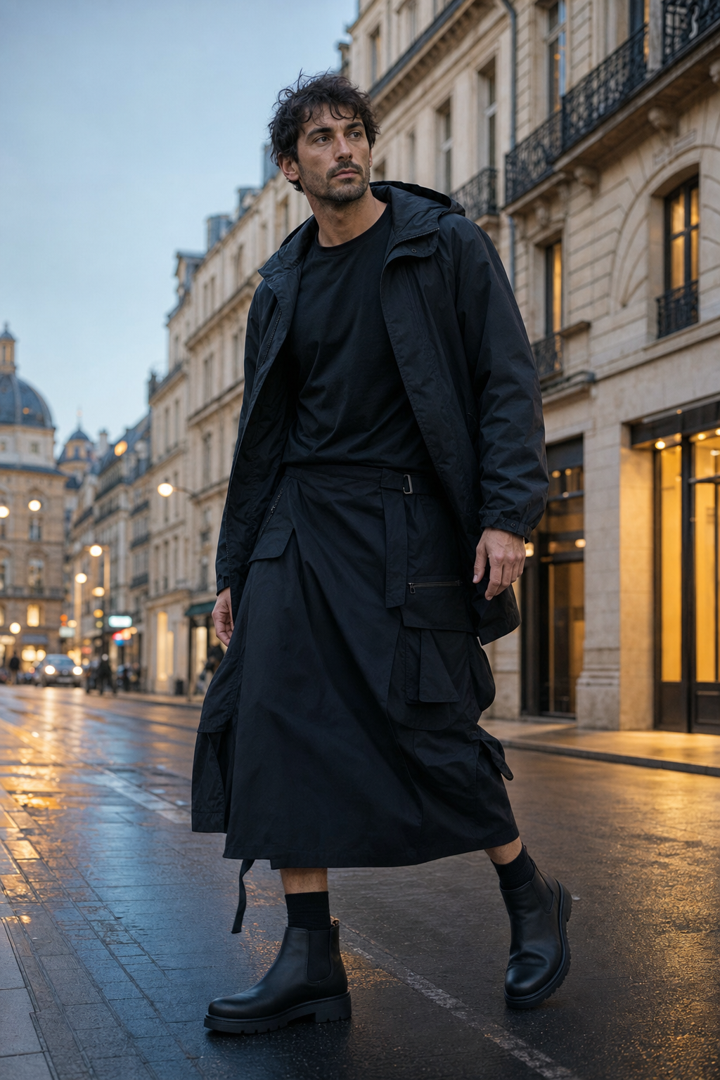 Foto editoriale di una midi skirt tecnica nera da uomo con T-shirt nera, parka leggero in nylon e Chelsea boot neri a Parigi di sera.