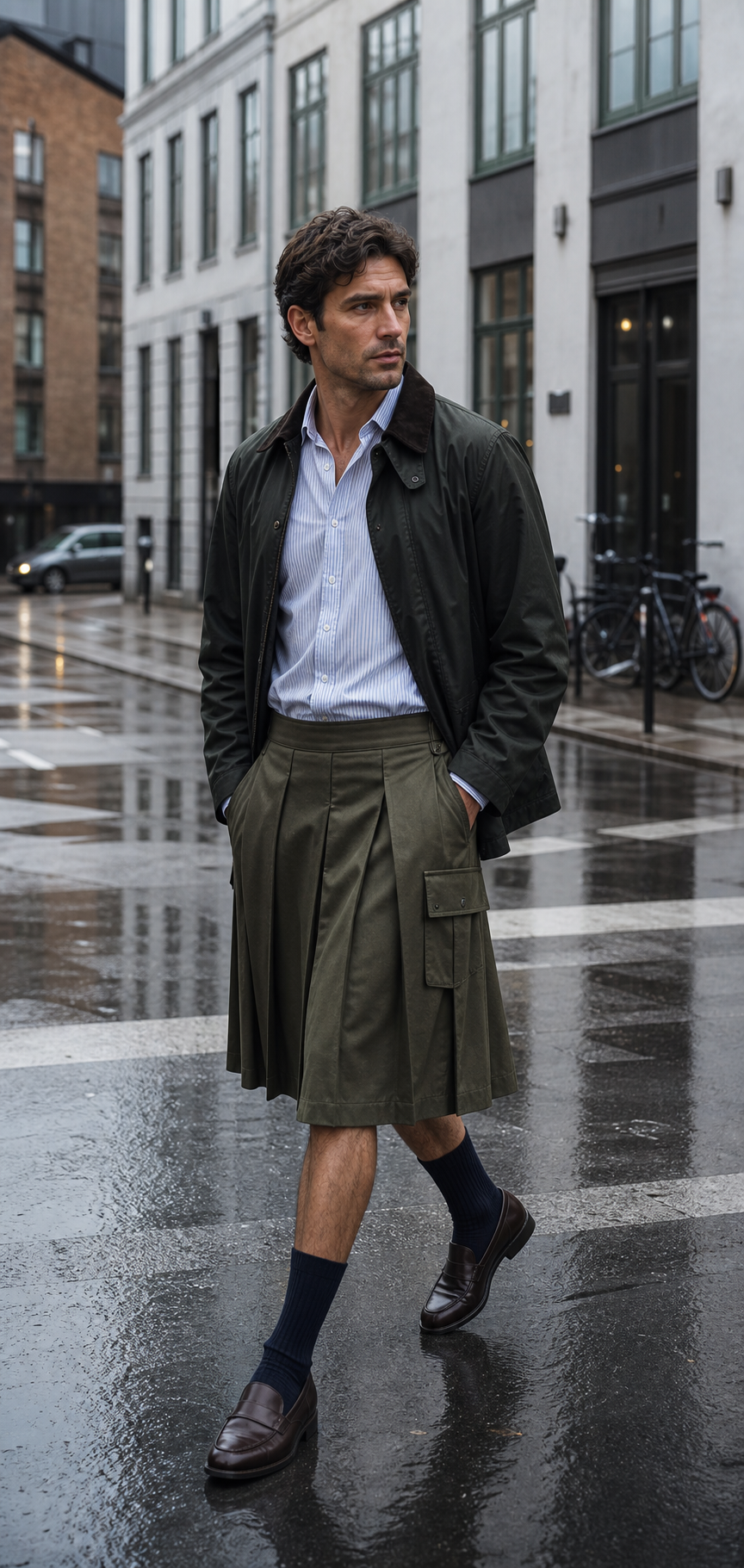 Editorial-Foto eines olivfarbenen Wrap-Herrenrocks mit gestreiftem Oxford-Hemd, ungefütterter Veloursjacke und dunkelbraunen Loafern.