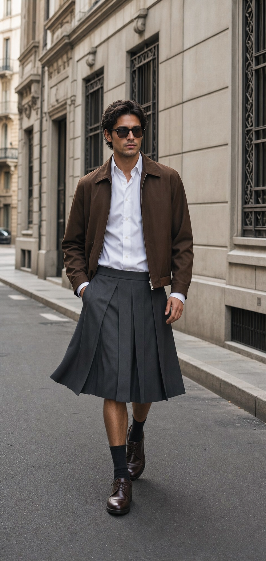 Editorial-Foto eines graphitfarbenen Utility-Herrenrocks mit navyfarbener Safari-Jacke, schwarzem Strickpolo und glatten Loafern in Mailand.