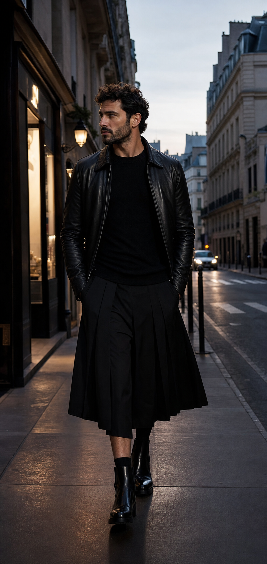 Editorial photo of a man in Paris wearing a black midi skirt, black knit, and black boots at dusk.