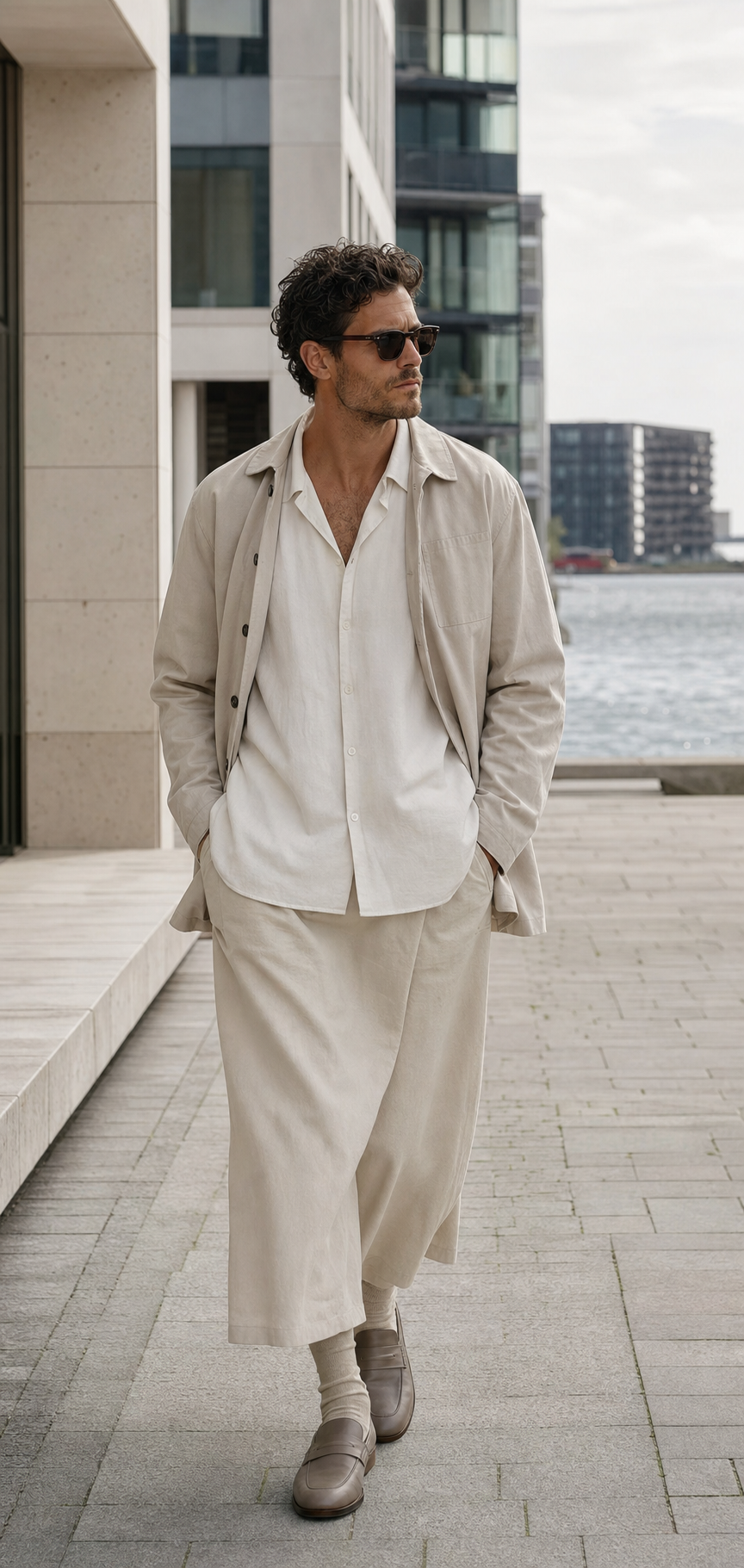 Photo éditoriale d'un homme à Copenhague portant une jupe longue sable, une chemise off-white et des loafers taupe.