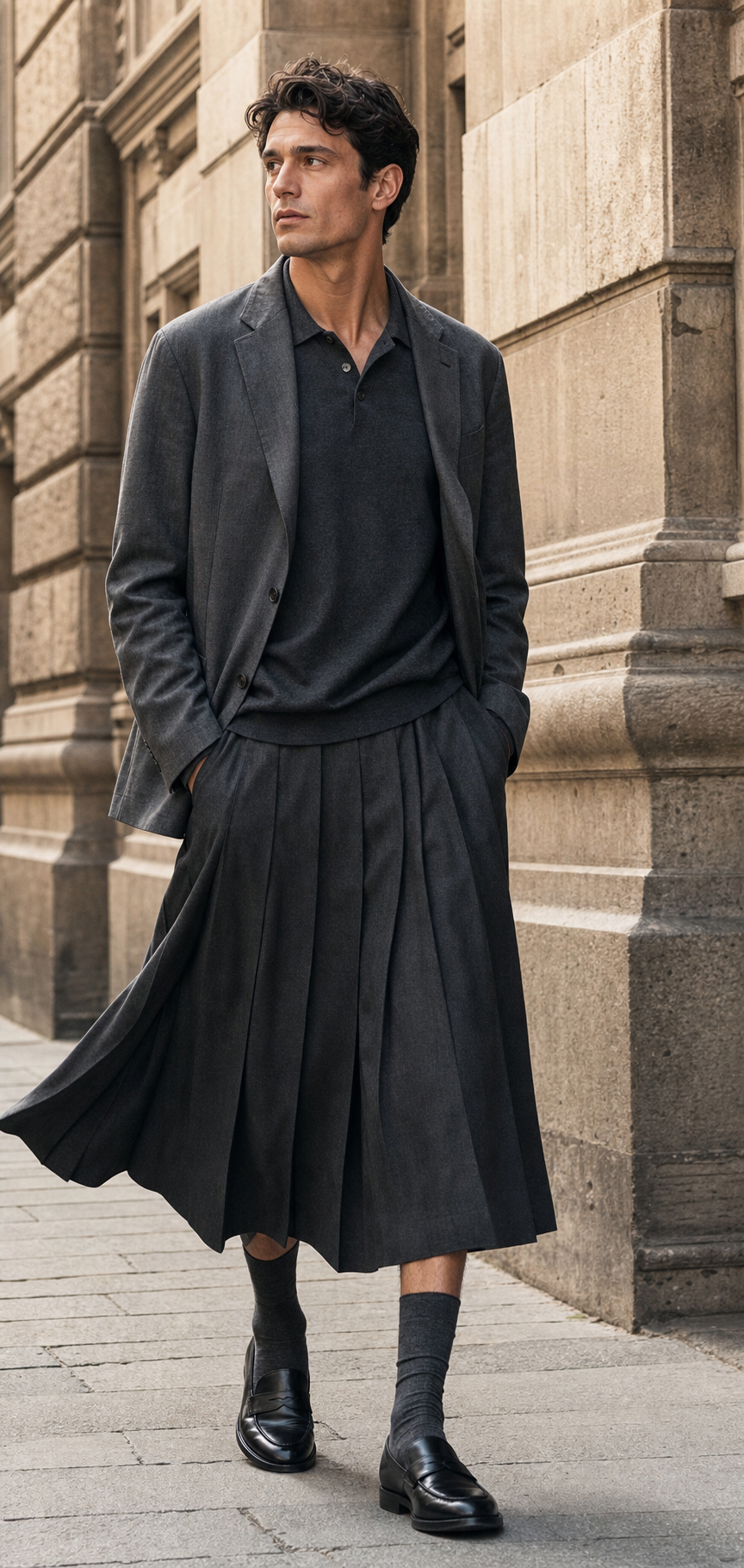 Photo éditoriale d'un homme à Florence portant un look entièrement charcoal avec jupe plissée, chaussettes et loafers.