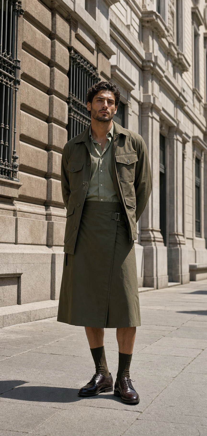 Photo éditoriale d'un homme à Milan portant une jupe portefeuille olive, une field jacket et des derbies foncées.