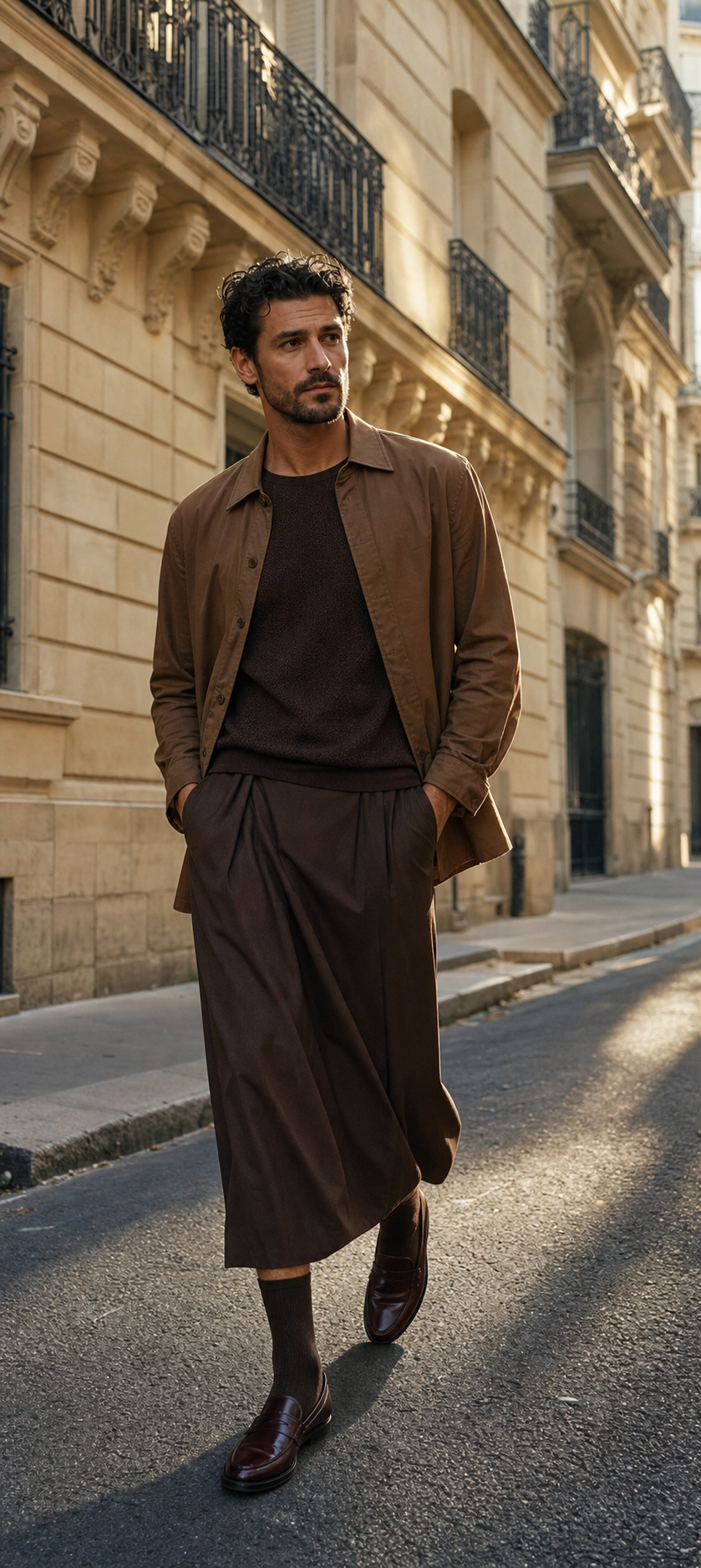 Photo éditoriale d'un homme à Paris portant une jupe espresso, une surchemise tabac et des loafers foncés.