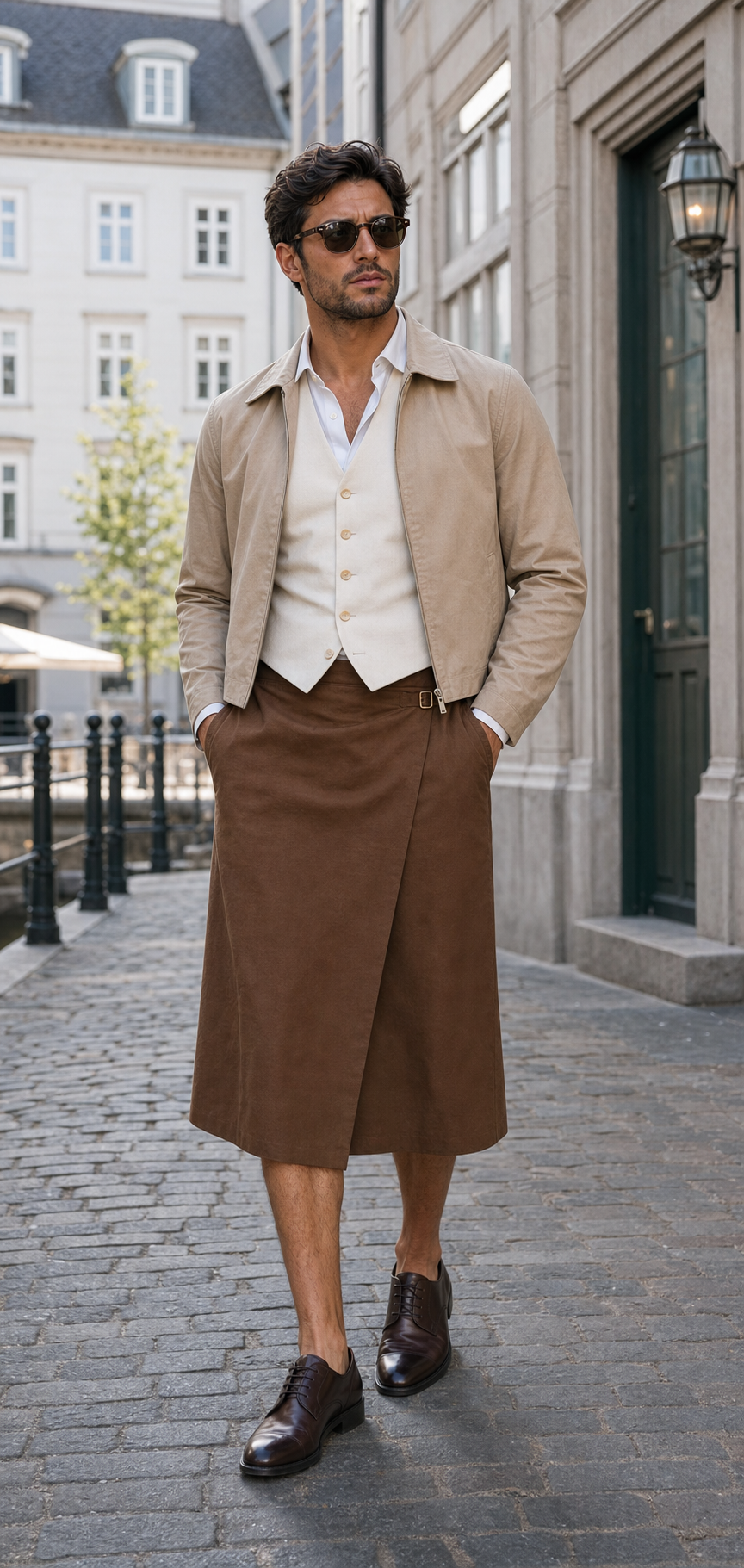Editorial image of a man in Copenhagen wearing a tobacco wrap skirt, ecru waistcoat, and light summer jacket.