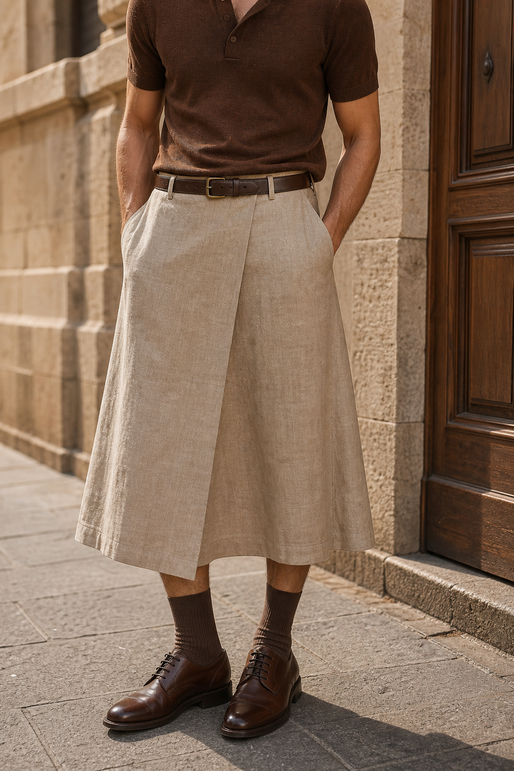 Editorial-Detailfoto aus Florenz mit sandfarbenem Leinenrock, braunem Gürtel und Derby-Schuhen.