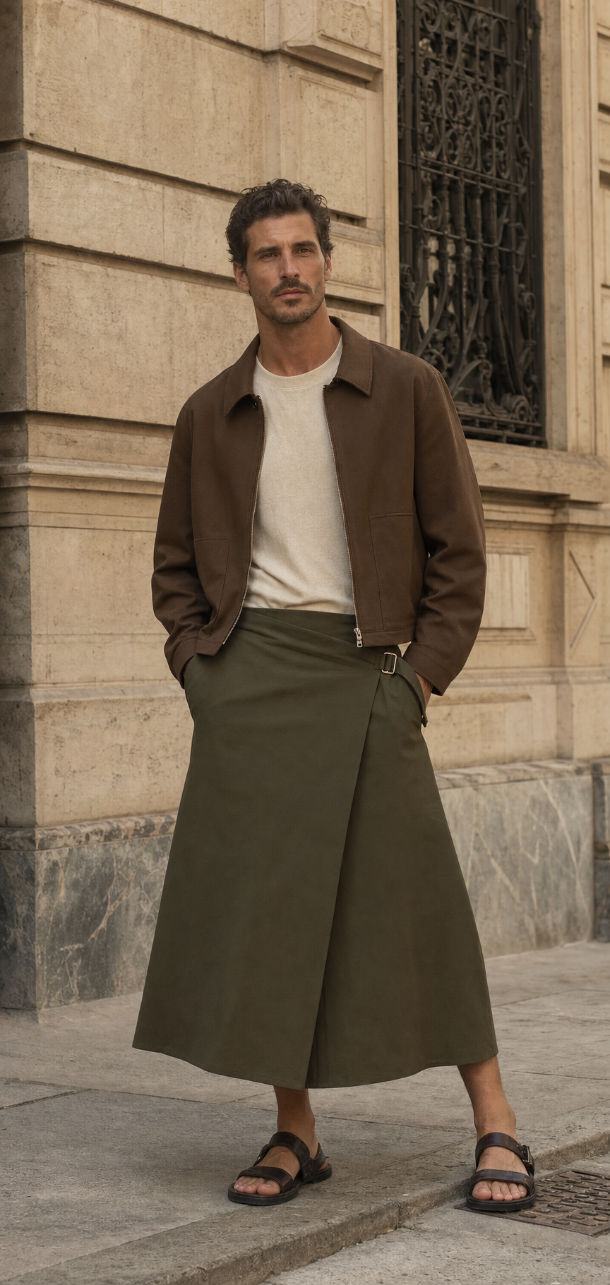Editorial-Foto eines Mannes in Mailand mit olivfarbenem Wickelrock, kurzer Jacke und kontrollierter Utility-Hardware.