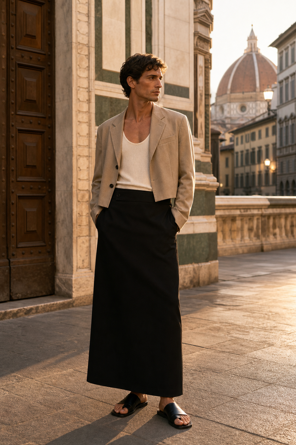 Photo editoriale d'un homme portant une longue jupe noire et un blazer d'ete court a Florence.