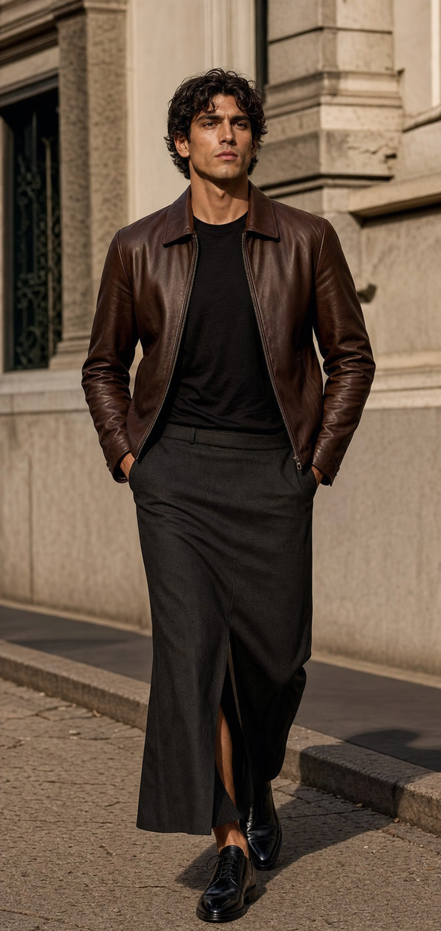 Photo editoriale d'un homme portant une longue jupe sombre et une veste en cuir fine a Milan.