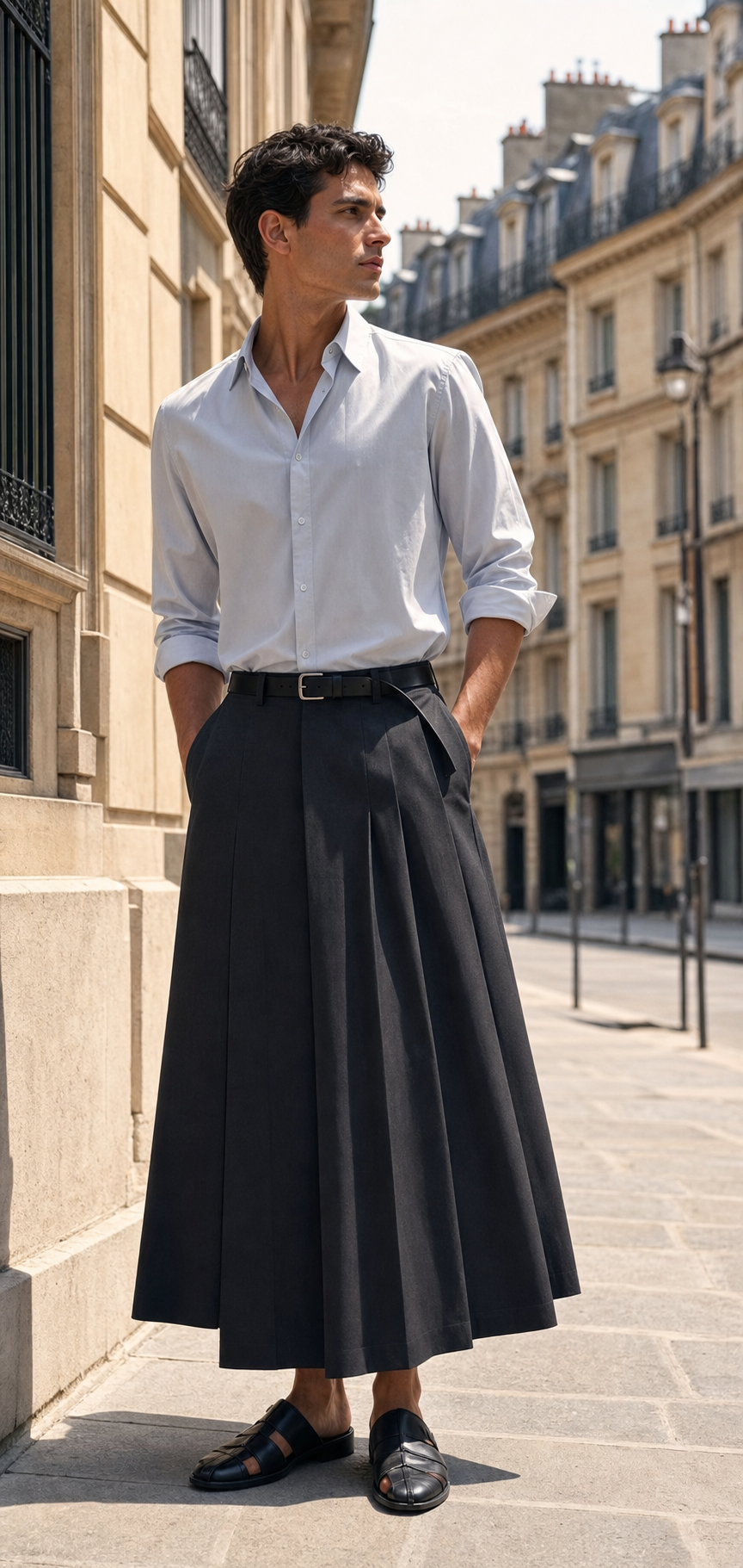 Photo editoriale d'un homme portant une jupe longue plissee et une chemise nette a Paris.