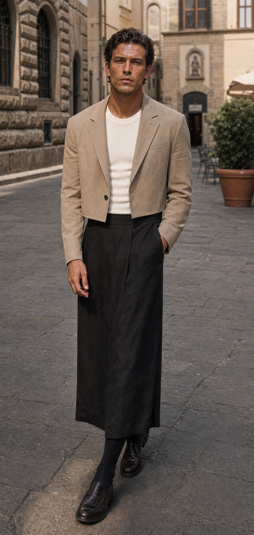 Foto editoriale a Firenze di un uomo con blazer corto color sabbia, top chiaro in maglia e gonna lunga nera.