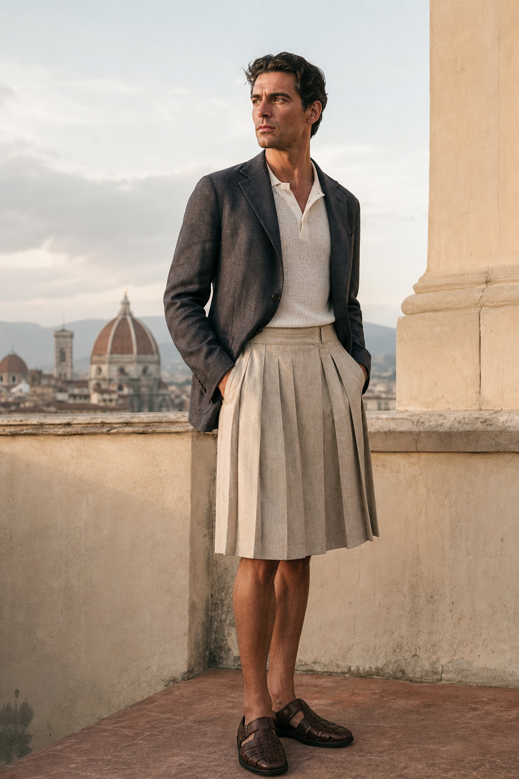 Editorial photo of a man in a sand pleated linen skirt with a lightweight blazer in Florence.