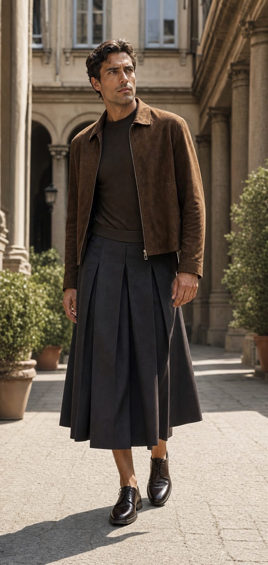 Editorial photo of a man in a graphite pleated men's skirt with a tobacco suede jacket in Milan.