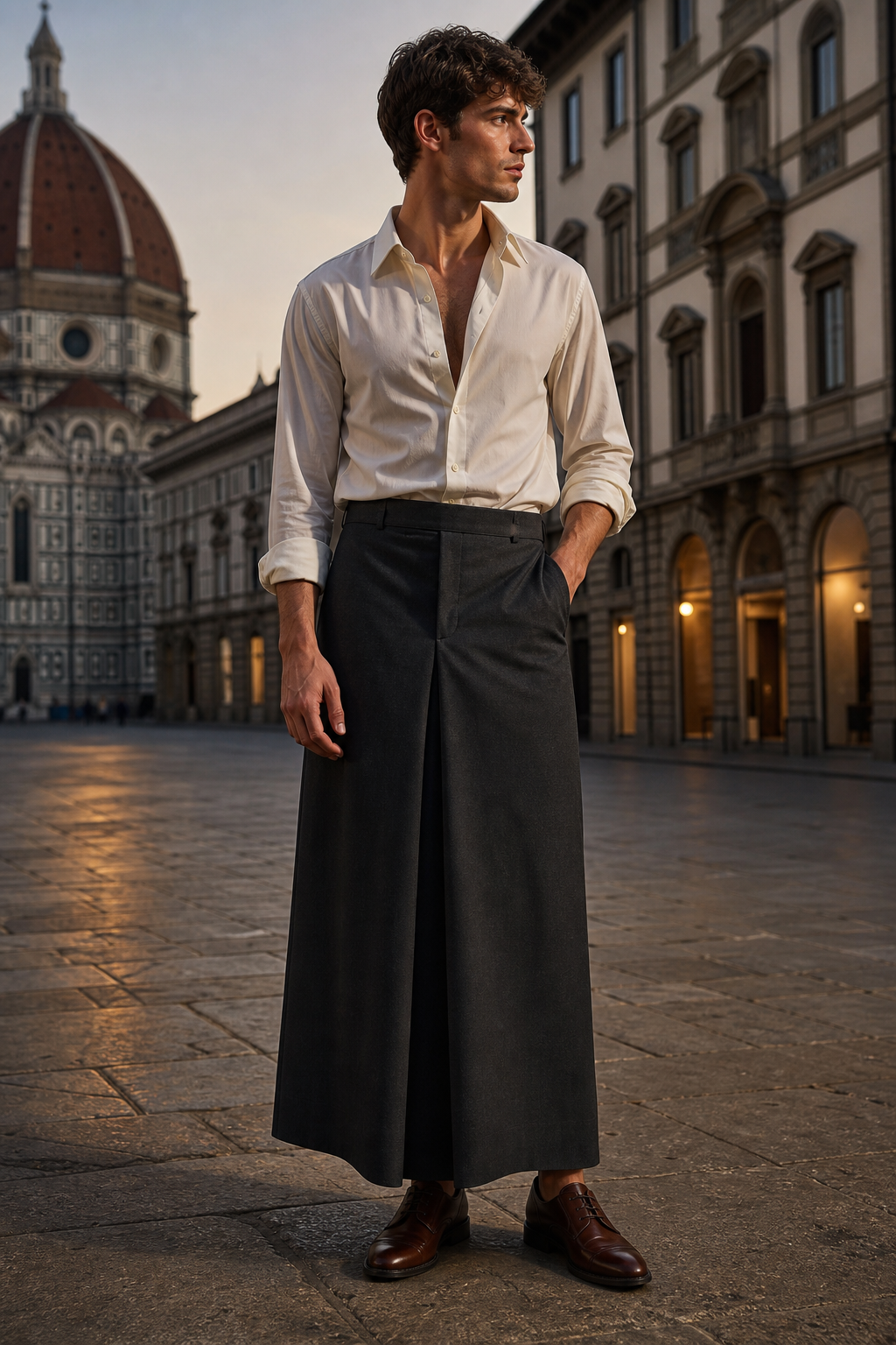 Editorial-Foto eines Mannes mit ivorfarbenem Popelinehemd, dunklem langem Herrenrock und Derby-Schuhen.