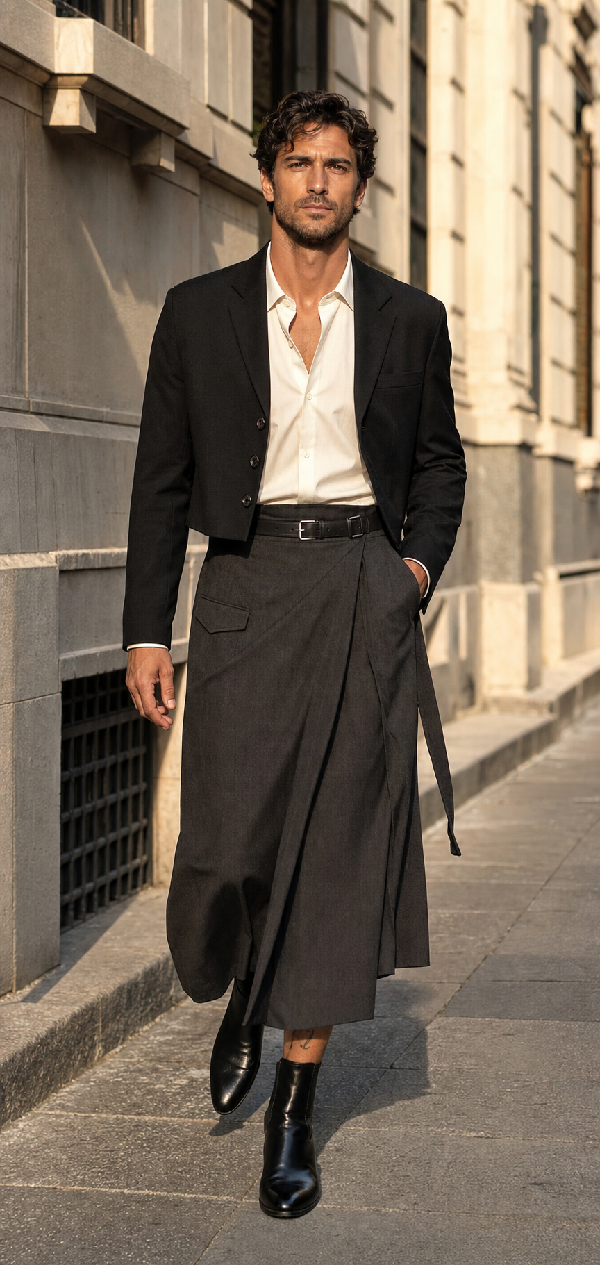 Foto editoriale di un uomo a Milano con gonna da uomo wrap color antracite, blazer corto nero, camicia avorio aperta e ankle boots neri.