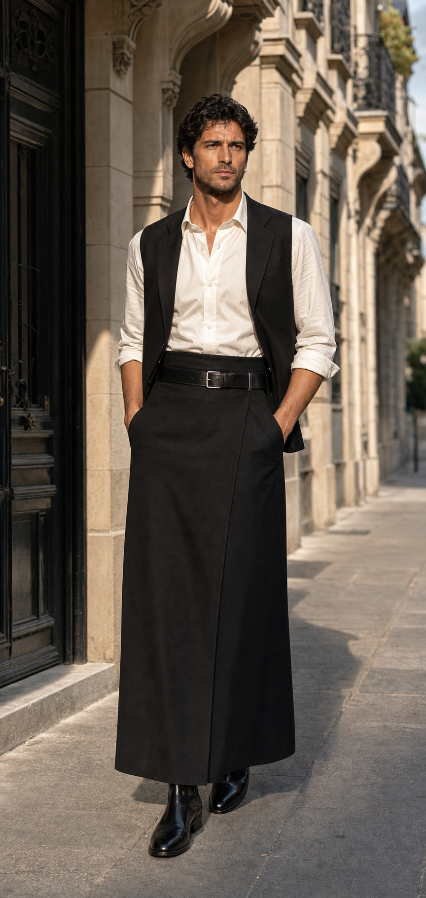 Foto editoriale di un uomo a Parigi con gonna da uomo lunga nera a colonna, camicia in popeline avorio, cintura marcata e boots neri.
