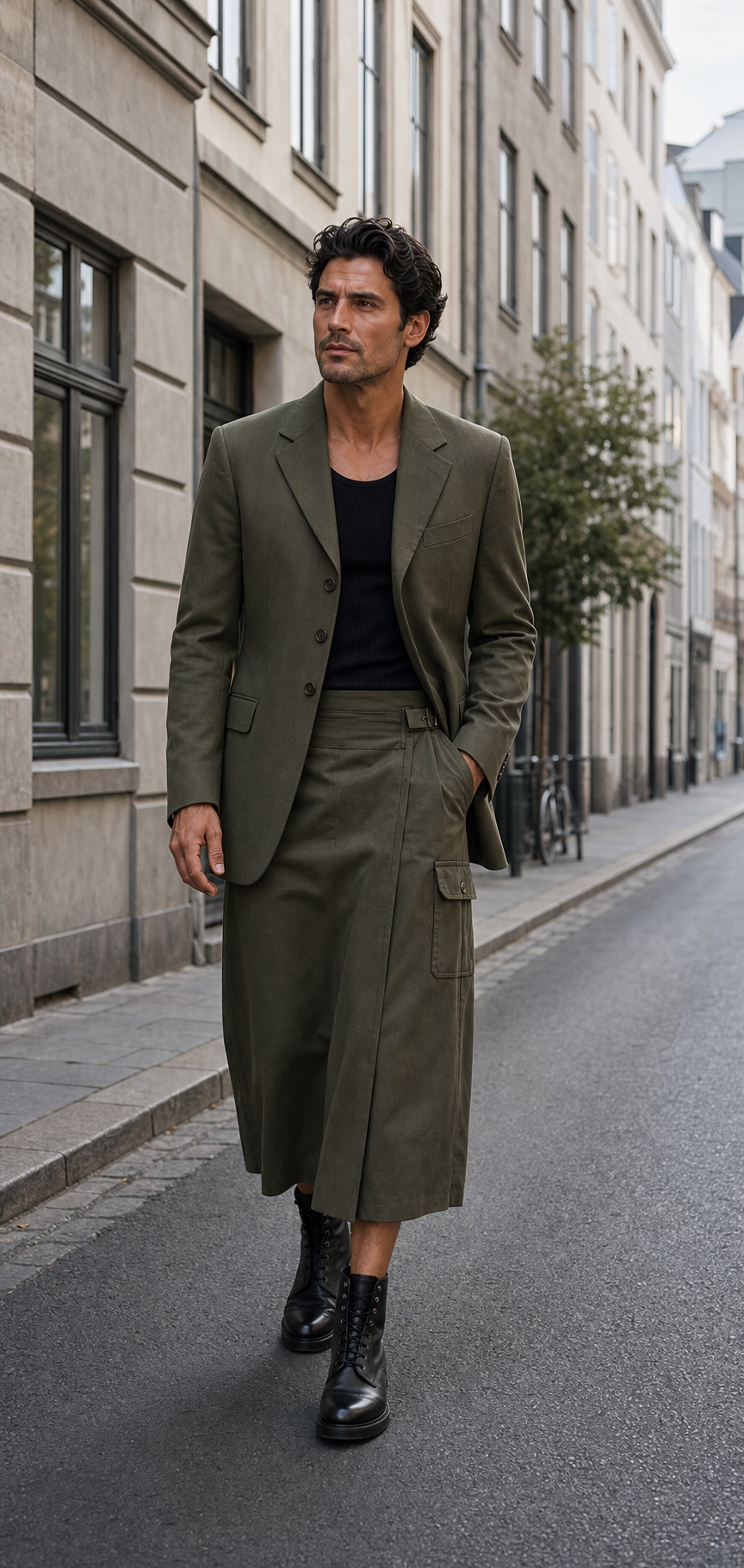 Foto editoriale di un uomo a Copenaghen con look utility oliva, gonna lunga da uomo e giacca strutturata.