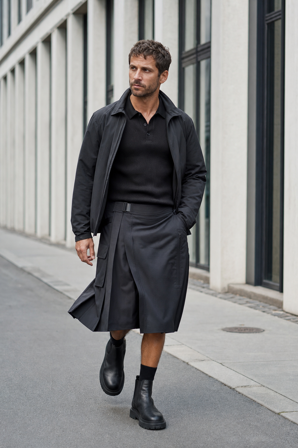 Foto editoriale di un uomo a Copenaghen con utility kilt grafite, polo in maglia leggera e blouson corto.