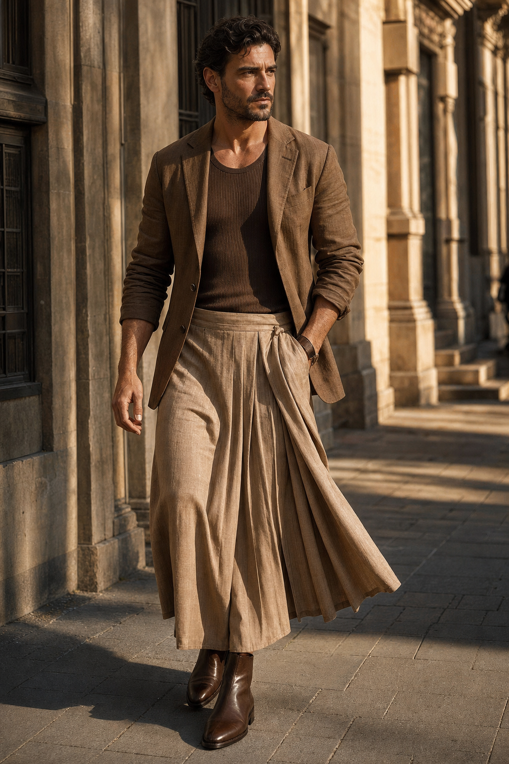 Foto editoriale di un uomo a Firenze con gonna plisse color sabbia, giacca tabacco e stivaletti color espresso.