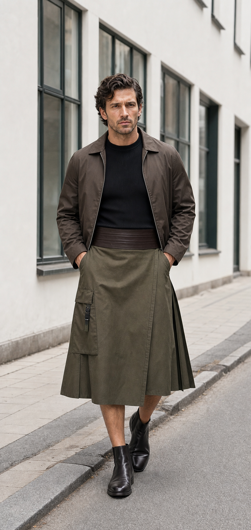 Editorial-Foto eines Mannes in Kopenhagen mit olivem Utility-Kilt, dunklem Cummerbund, kurzem Jackett und Chelsea-Boots.