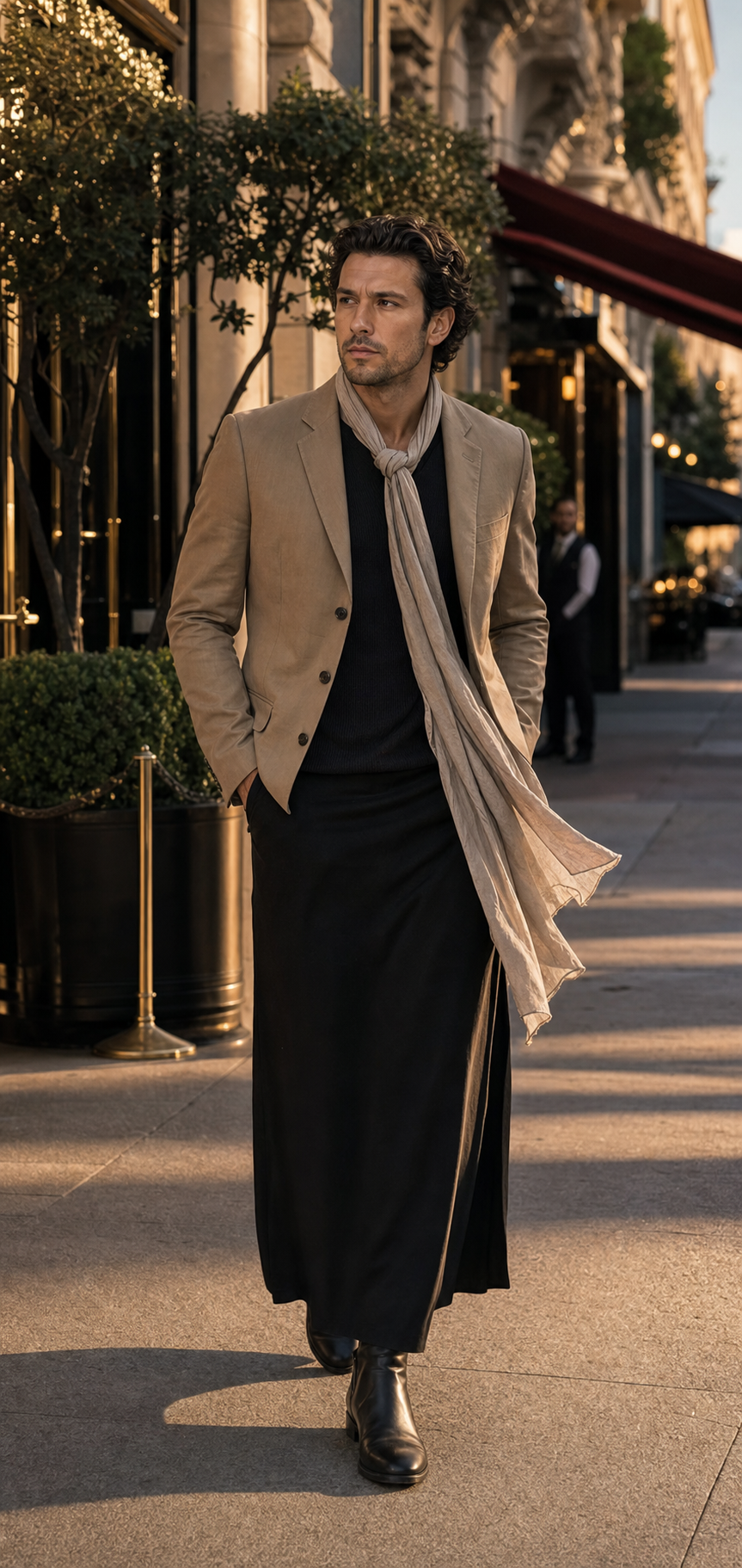Editorial-Foto eines Mannes in Paris mit schwarzem Column-Herrenrock, leichtem Schal, sandfarbenem Blazer und schlanken Boots.