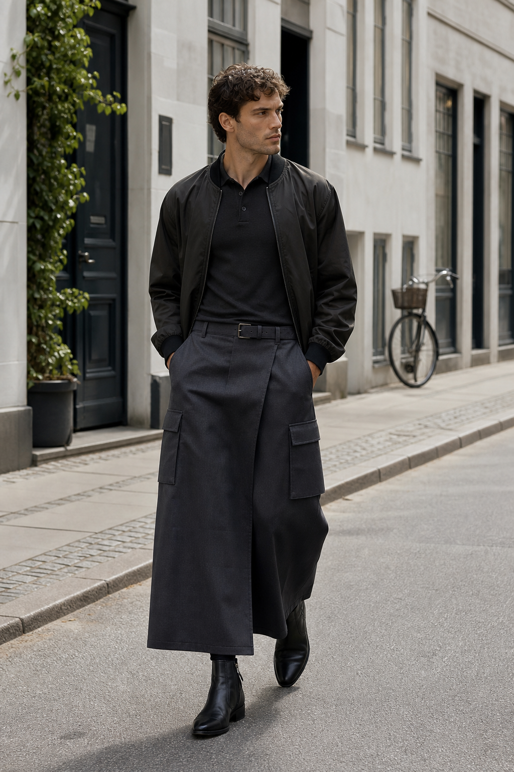 Foto editoriale di un uomo a Copenaghen con gonna da uomo lunga utility color antracite, polo scura e bomber corto.