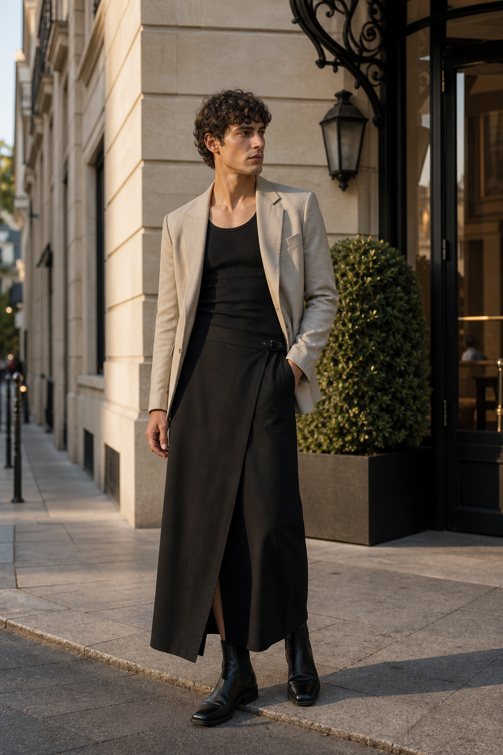 Foto editoriale di un uomo a Parigi con gonna da uomo nera a portafoglio, blazer sabbia asciutto e stivali scuri.
