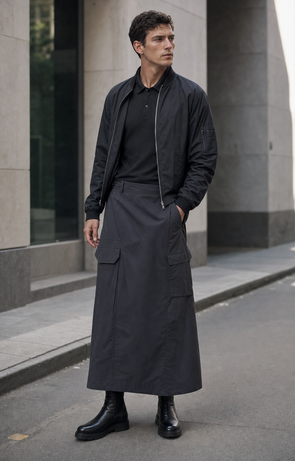Editorial-Foto eines Mannes in Kopenhagen mit anthrazitfarbenem langem Utility-Herrenrock, dunklem Strickpolo und kurzem Bomber.