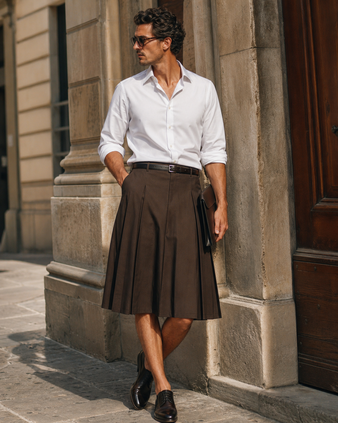 Editorial-Foto eines Mannes in Florenz mit espressofarbenem Falten-Herrenrock, weissem Popeline-Hemd und dunklen Derby-Schuhen.