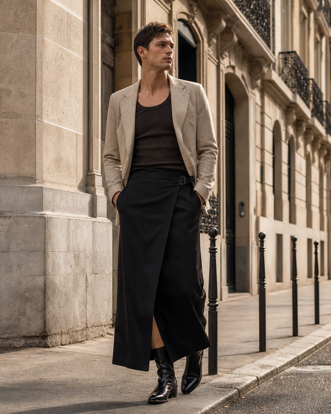 Editorial-Foto eines Mannes in Paris mit schwarzem Wickel-Herrenrock, sandfarbenem Blazer und schwarzen Lederboots.