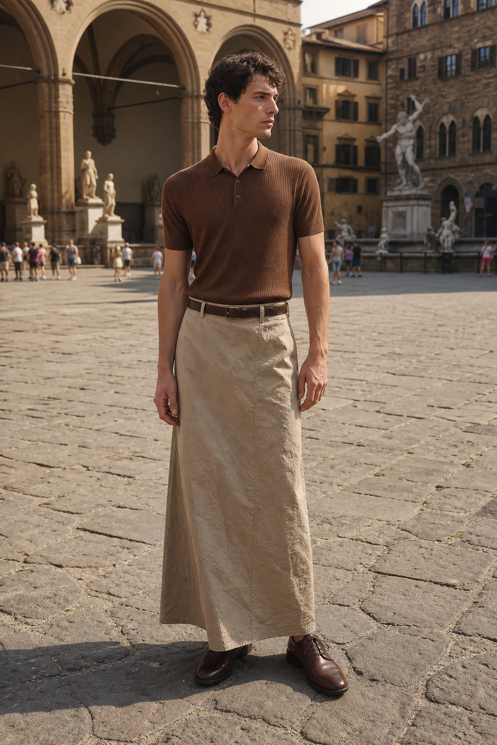 Editorial-Foto eines Mannes in Florenz mit steinfarbenem langem Rock aus crinkled cotton, tabakfarbenem Strickpolo und braunen Derby-Schuhen.