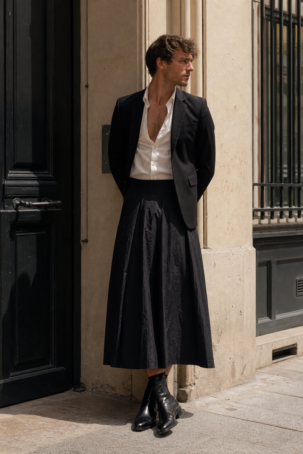 Editorial-Foto eines Mannes in Paris mit schwarzem langen Rock aus puckered poplin, ecrufarbenem offenem Hemd und schmalem schwarzem Blazer.