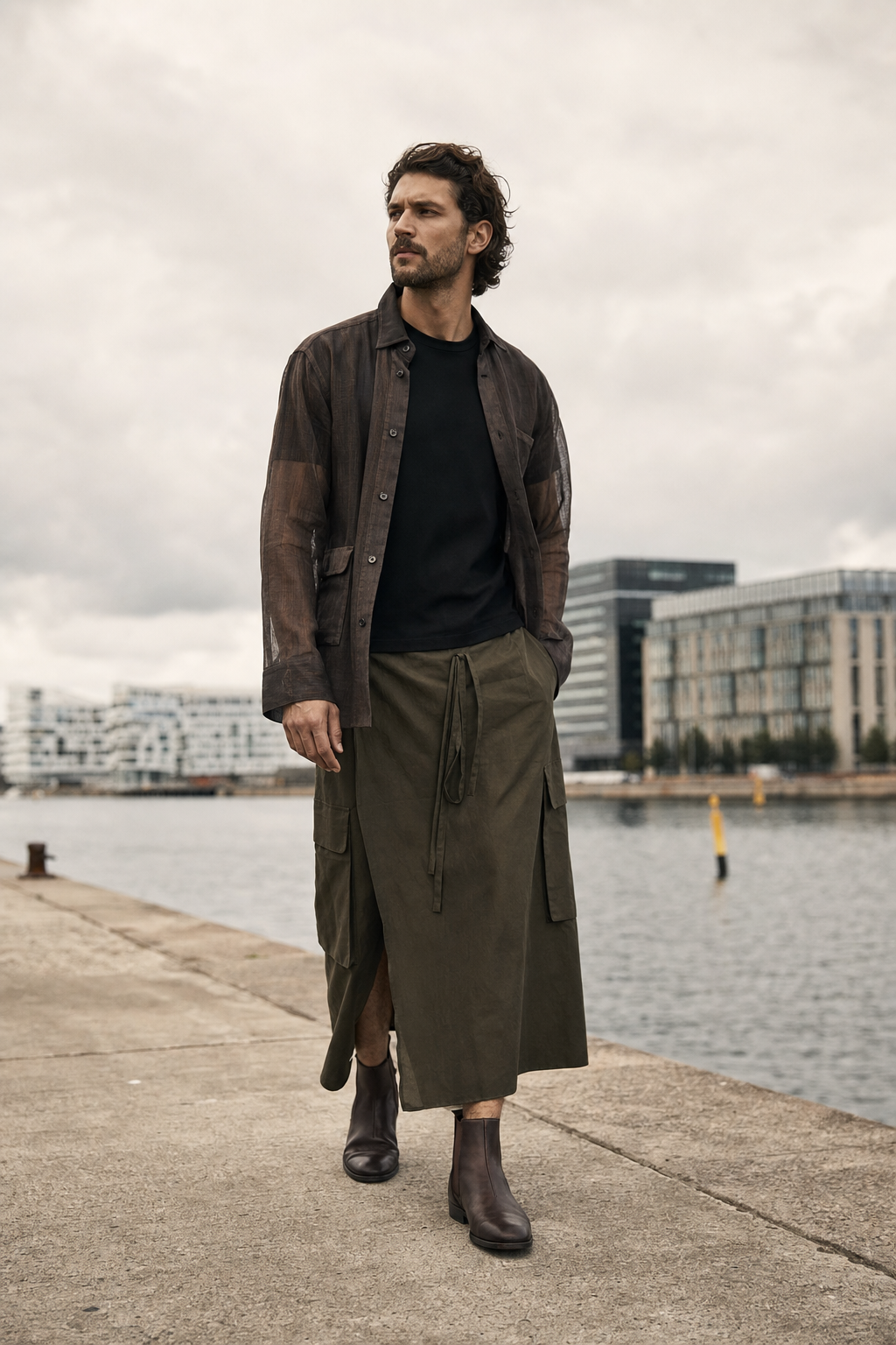 Editorial-Foto eines Mannes in Kopenhagen mit olivfarbenem Utility-Rock, transparentem Tech-Overshirt und braunen Ankle-Boots.