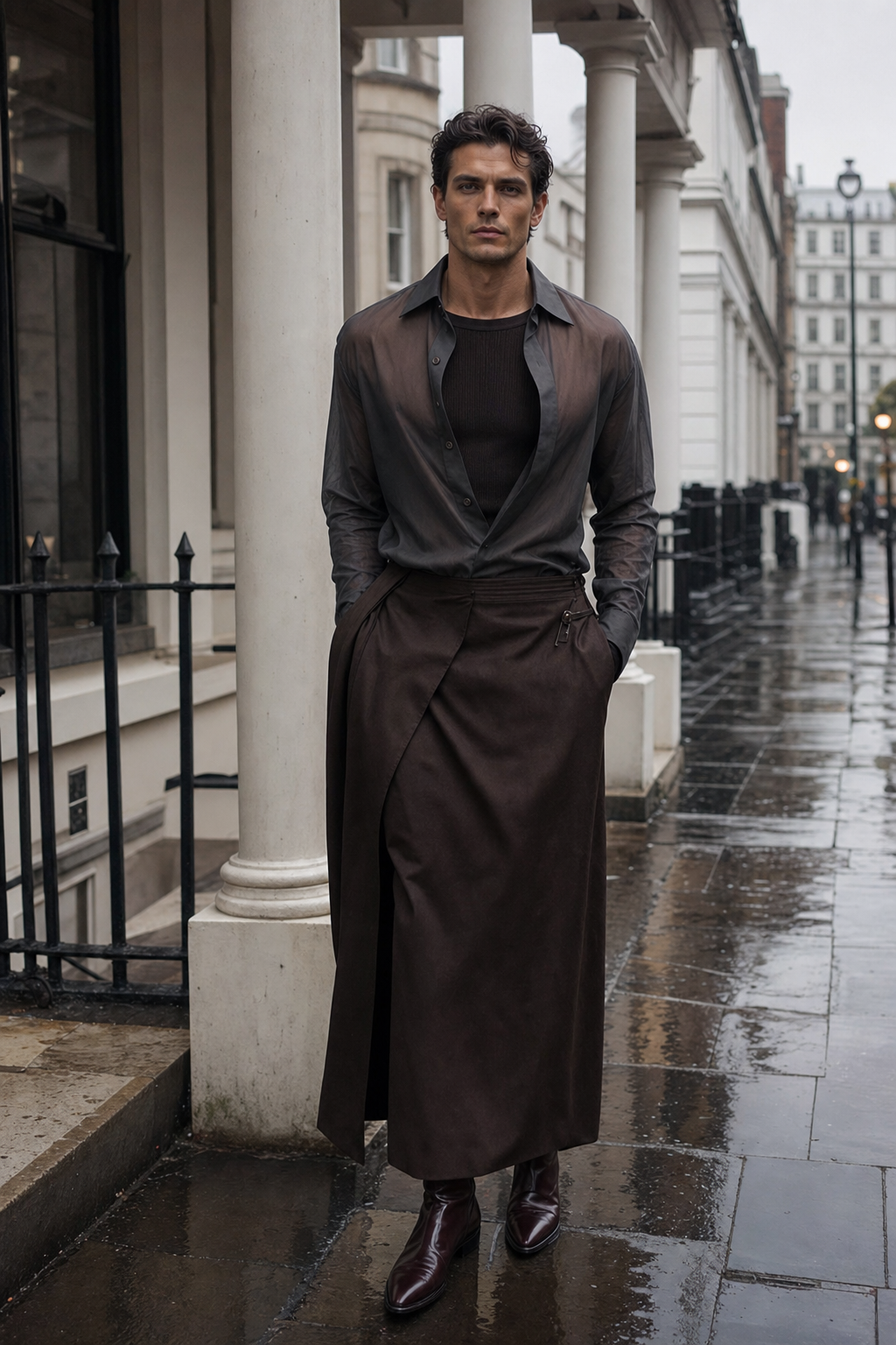 Editorial-Foto eines Mannes in London mit rauchfarbenem transparentem Hemd, espressofarbenem Wrap-Rock und burgunderfarbenen Boots.